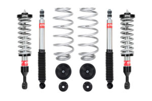 Description Stage 2 system featuring Pro-Truck-Coilover 2.0's + Rear Sport Shocks + Pro-Lift-Kit Springs Front Adjustable Threaded Spring Perch to Accommodate Increased Loads and Maximum Clearance. ERO Off-Road Race Spring Equipped and Compatible. Anodized 6061-T6 Billet Aluminum Coilover Mounts 46mm Piston Monotube Design with Nitrogen Filled Variable Force Valving. Individually Dyno Tested for Matched Performance and Reliability. Heavy Duty Bushing System also Cycle Tested. Engineered Tested and Manufactured by Eibach in the U.S.A. Limited Lifetime Warranty